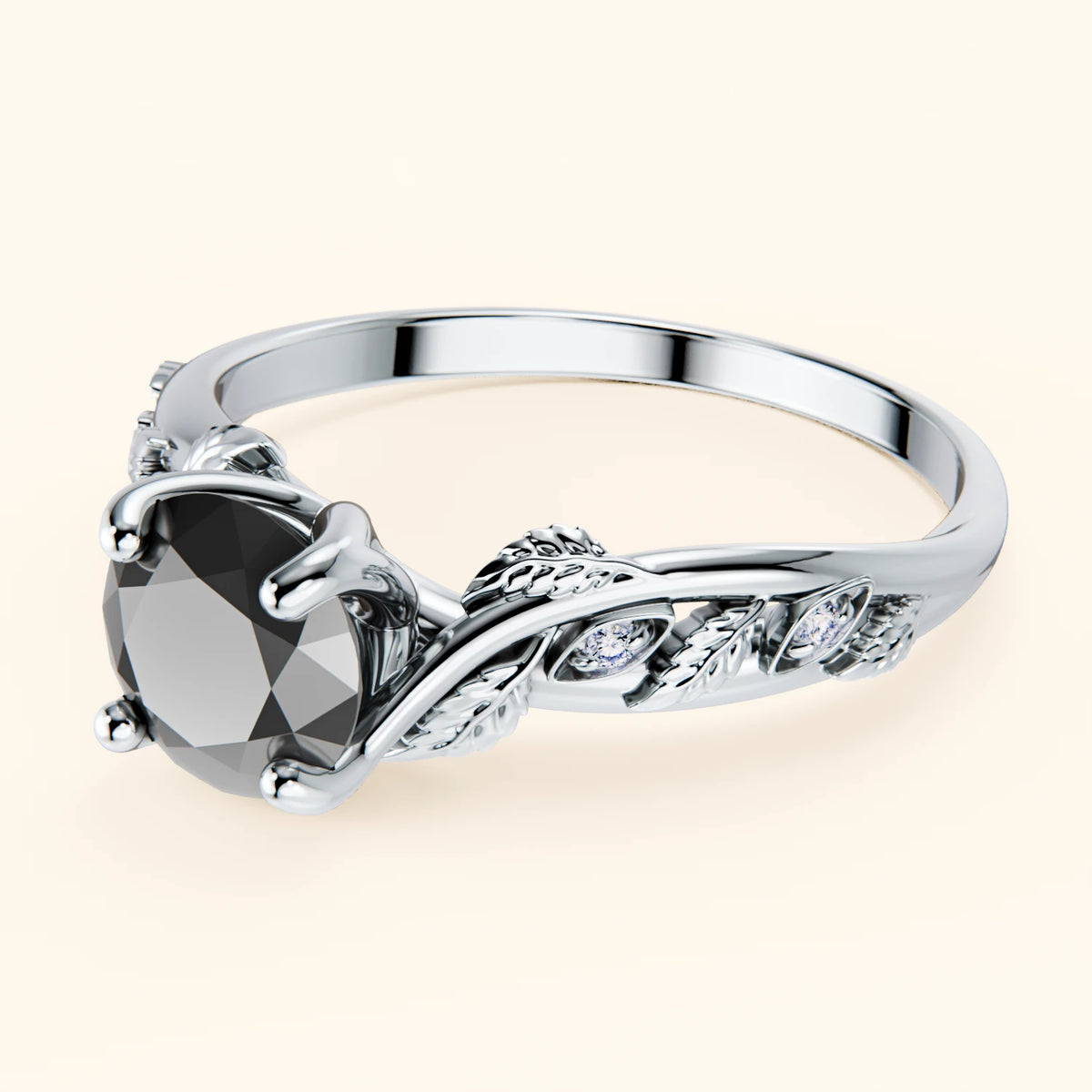 Engagement Ring Frêne - 1ct Black Diamond with Natural Diamond Side Stones