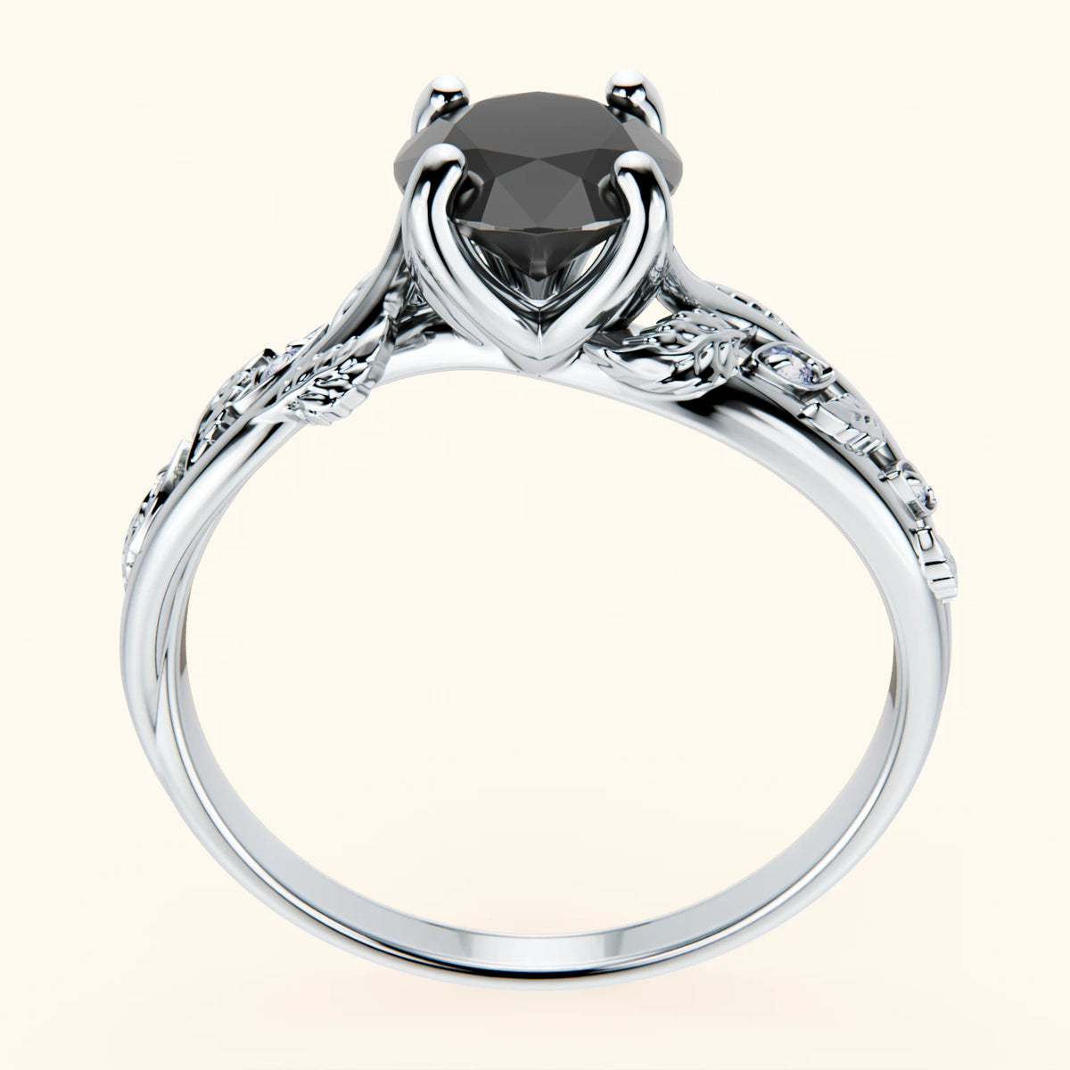 Engagement Ring Frêne - 1ct Black Diamond with Natural Diamond Side Stones