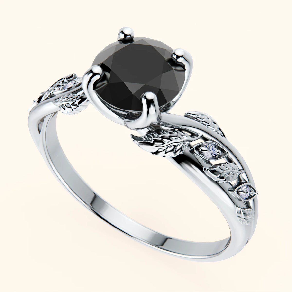 Engagement Ring Frêne - 1ct Black Diamond with Natural Diamond Side Stones