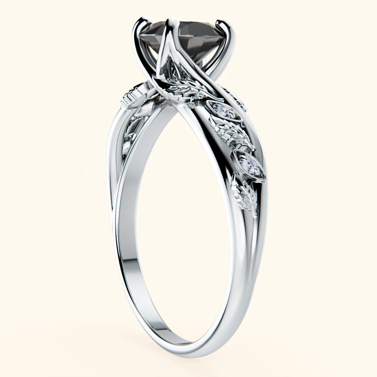 Engagement Ring Frêne - 1ct Black Diamond with Natural Diamond Side Stones