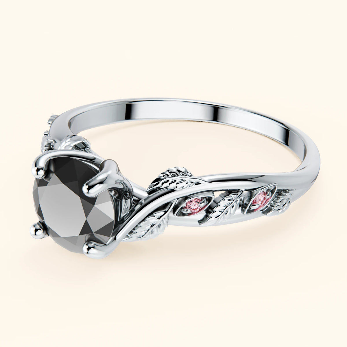 Engagement Ring Frêne - 1ct Black Diamond with Lab Pink Diamond Side Stones