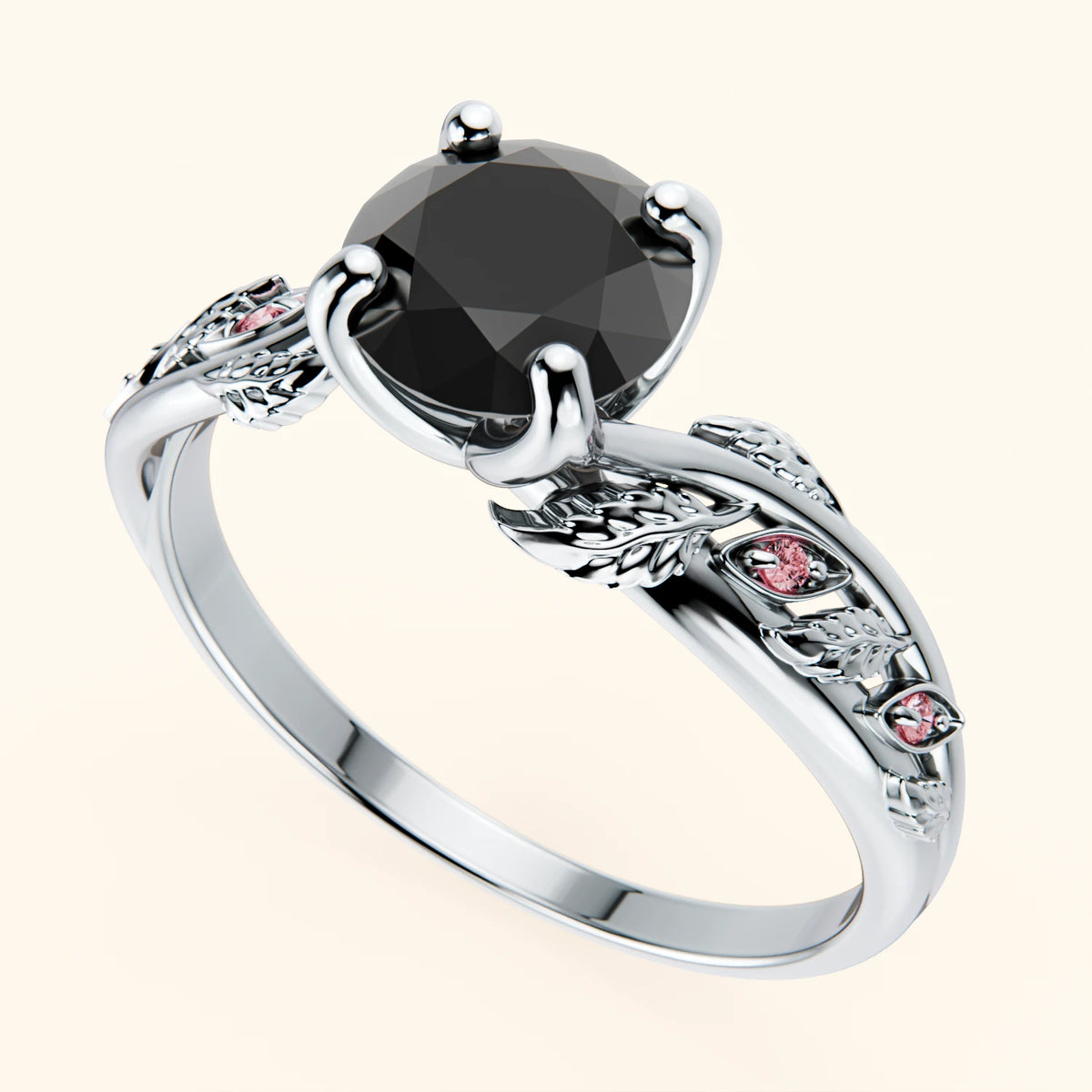 Engagement Ring Frêne - 1ct Black Diamond with Lab Pink Diamond Side Stones