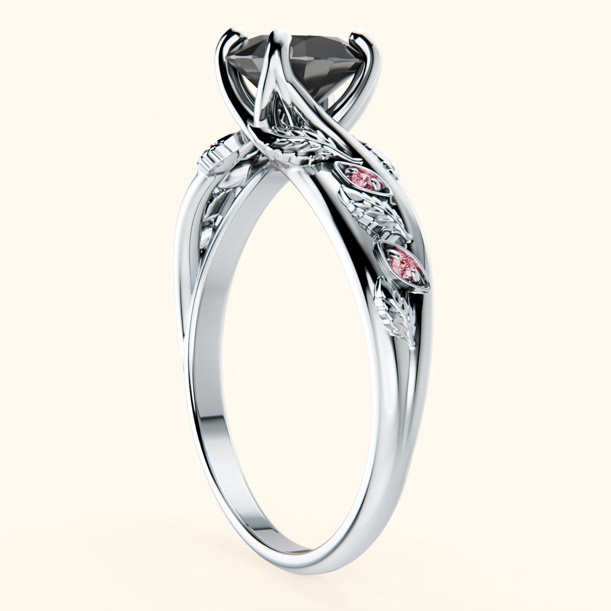 Engagement Ring Frêne - 1ct Black Diamond with Lab Pink Diamond Side Stones