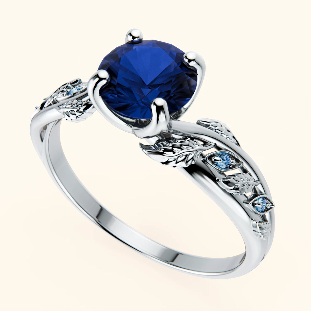 Engagement Ring Frêne - 1.10ct Lab Blue Sapphire with Lab Blue Diamond Side Stones