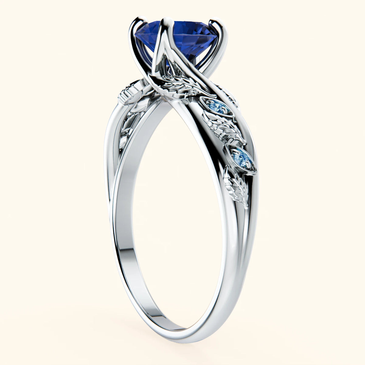 Engagement Ring Frêne - 1.10ct Lab Blue Sapphire with Lab Blue Diamond Side Stones