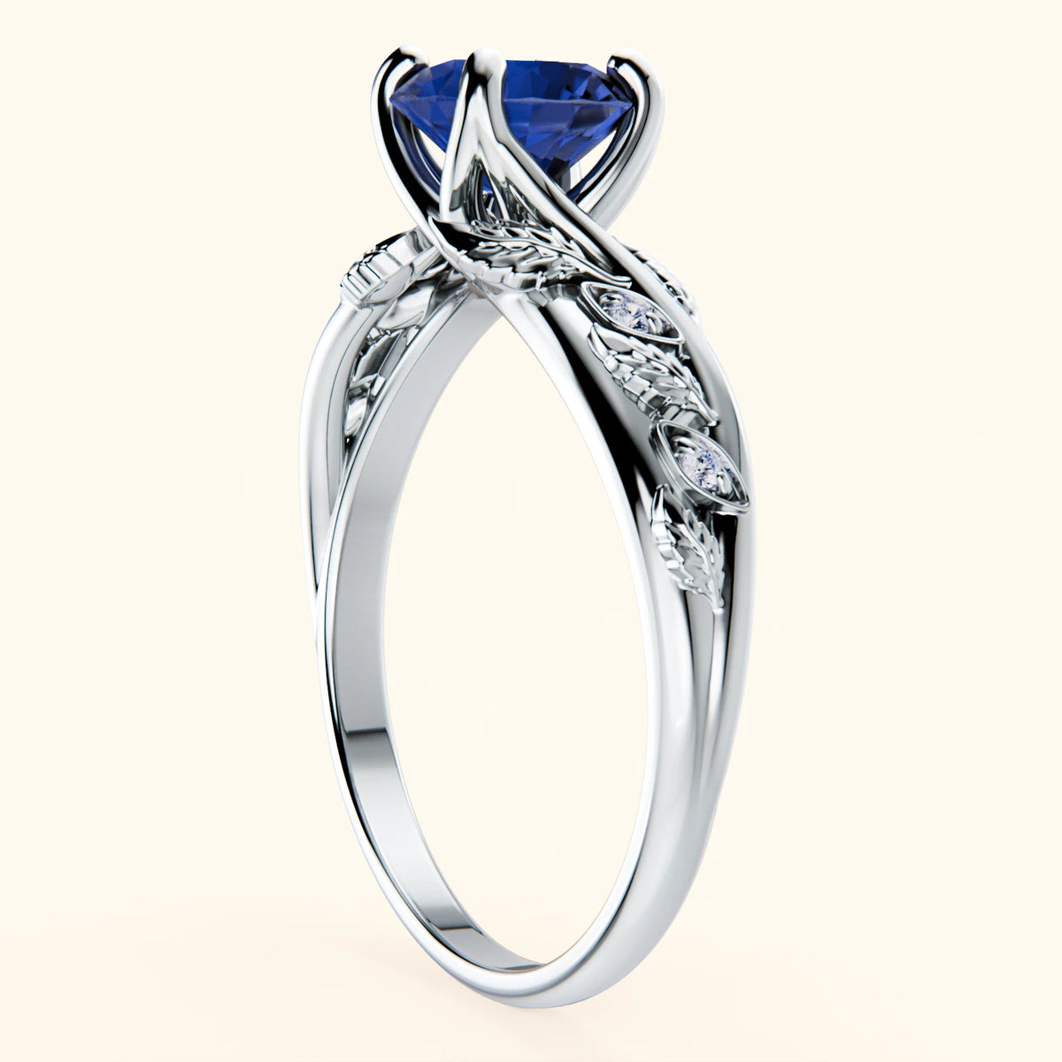 Engagement Ring Frêne - 1.10ct Lab Blue Sapphire with Natural Diamond Side Stones