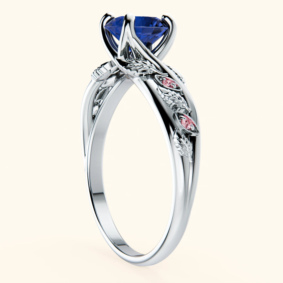 Engagement Ring Frêne - 1.10ct Natural Blue Sapphire with Lab Pink Diamond Side Stones