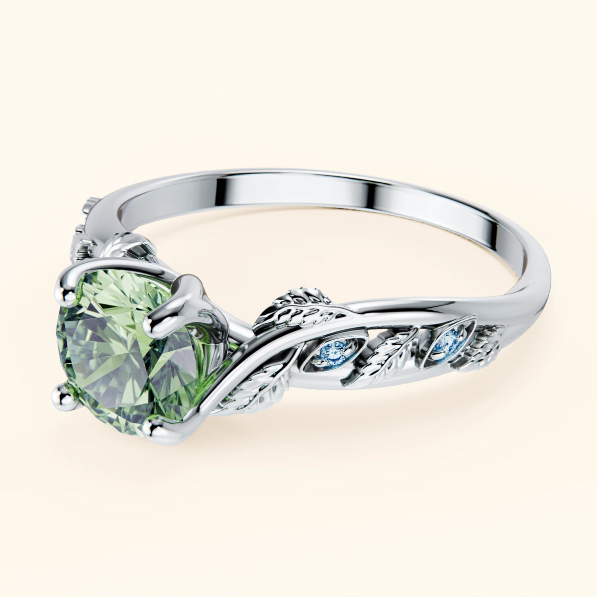 Engagement Ring Frêne - 1ct Lab Green Diamond with Lab Blue Diamond Side Stones