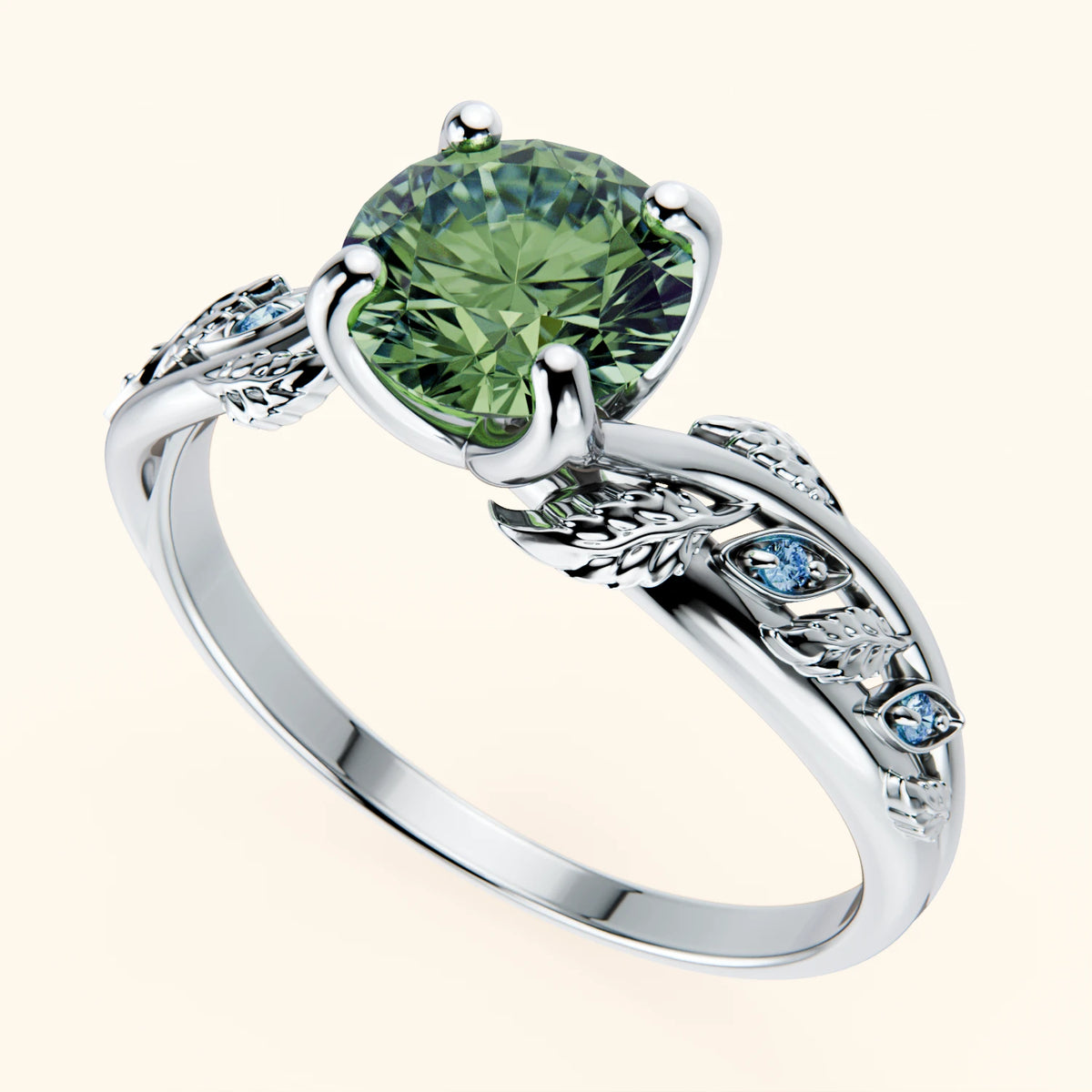 Engagement Ring Frêne - 1ct Lab Green Diamond with Lab Blue Diamond Side Stones