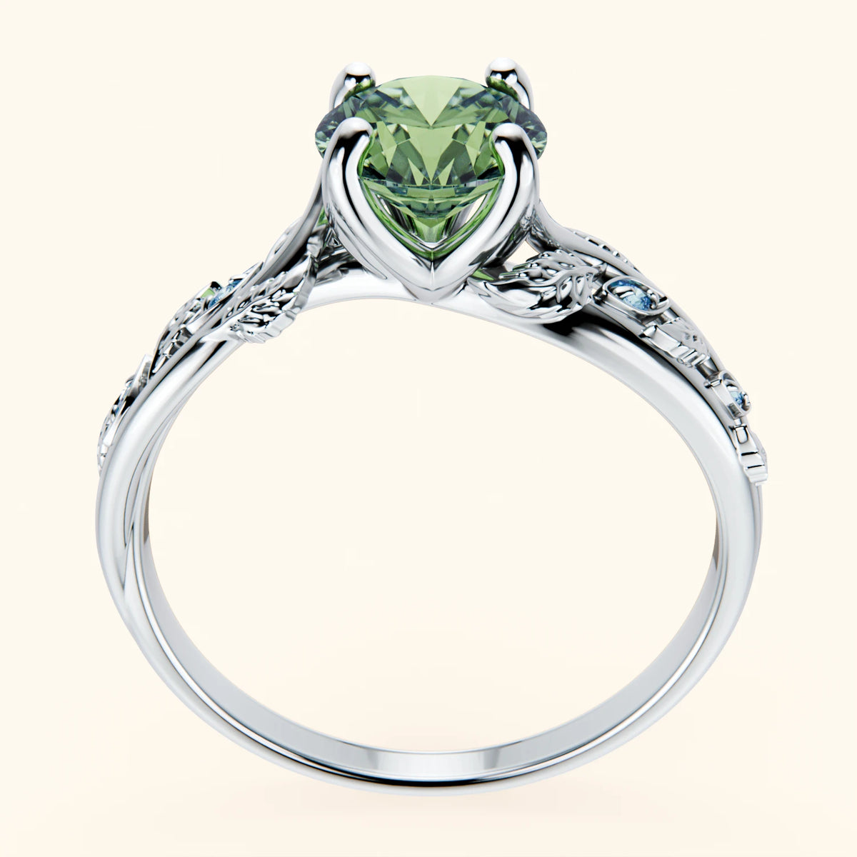 Engagement Ring Frêne - 1ct Lab Green Diamond with Lab Blue Diamond Side Stones