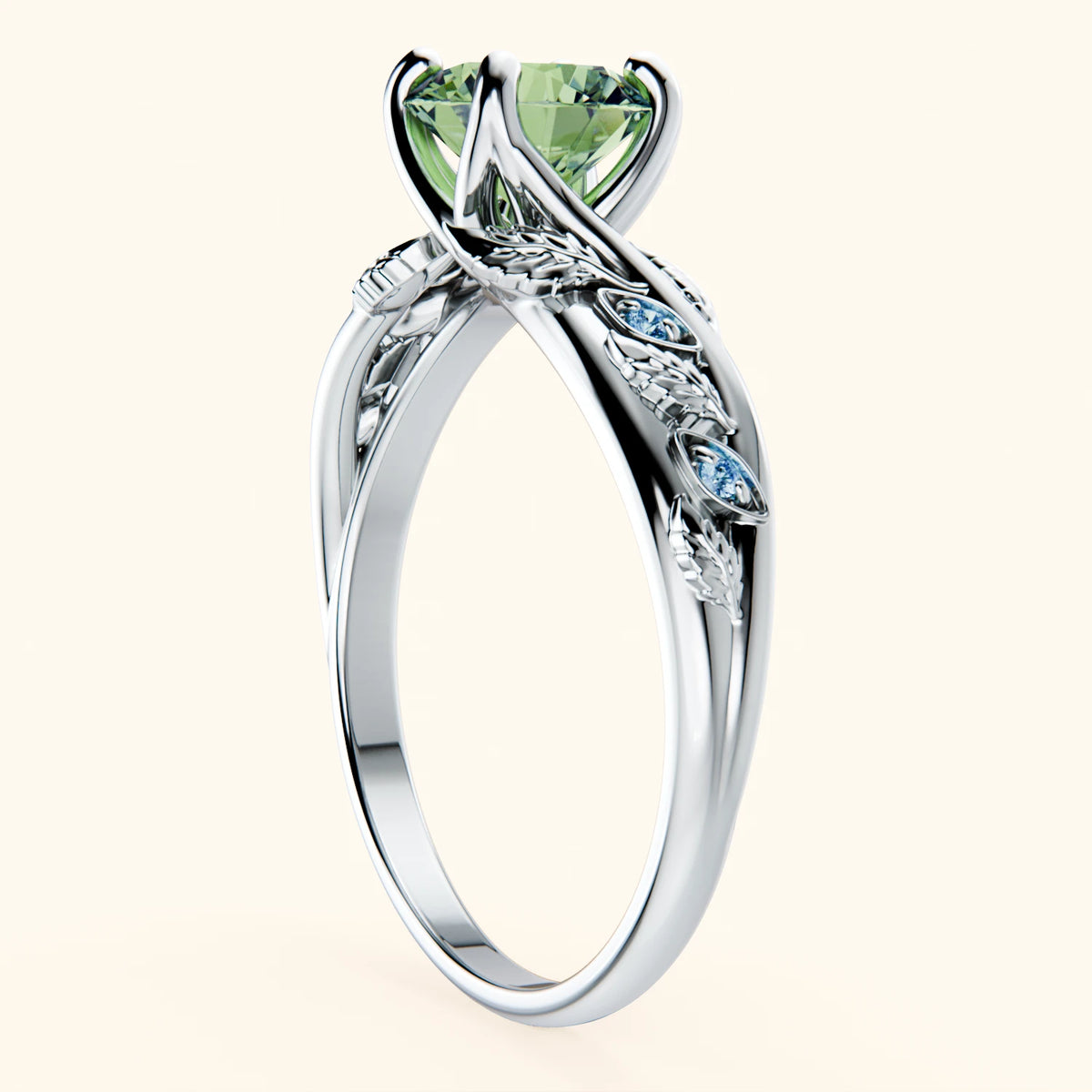 Engagement Ring Frêne - 1ct Lab Green Diamond with Lab Blue Diamond Side Stones