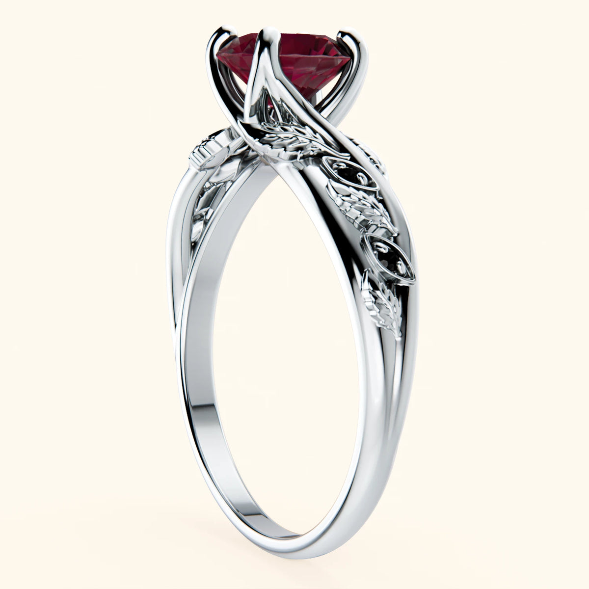 Engagement Ring Frêne - 1.10ct Lab Ruby with Black Diamond Side Stones