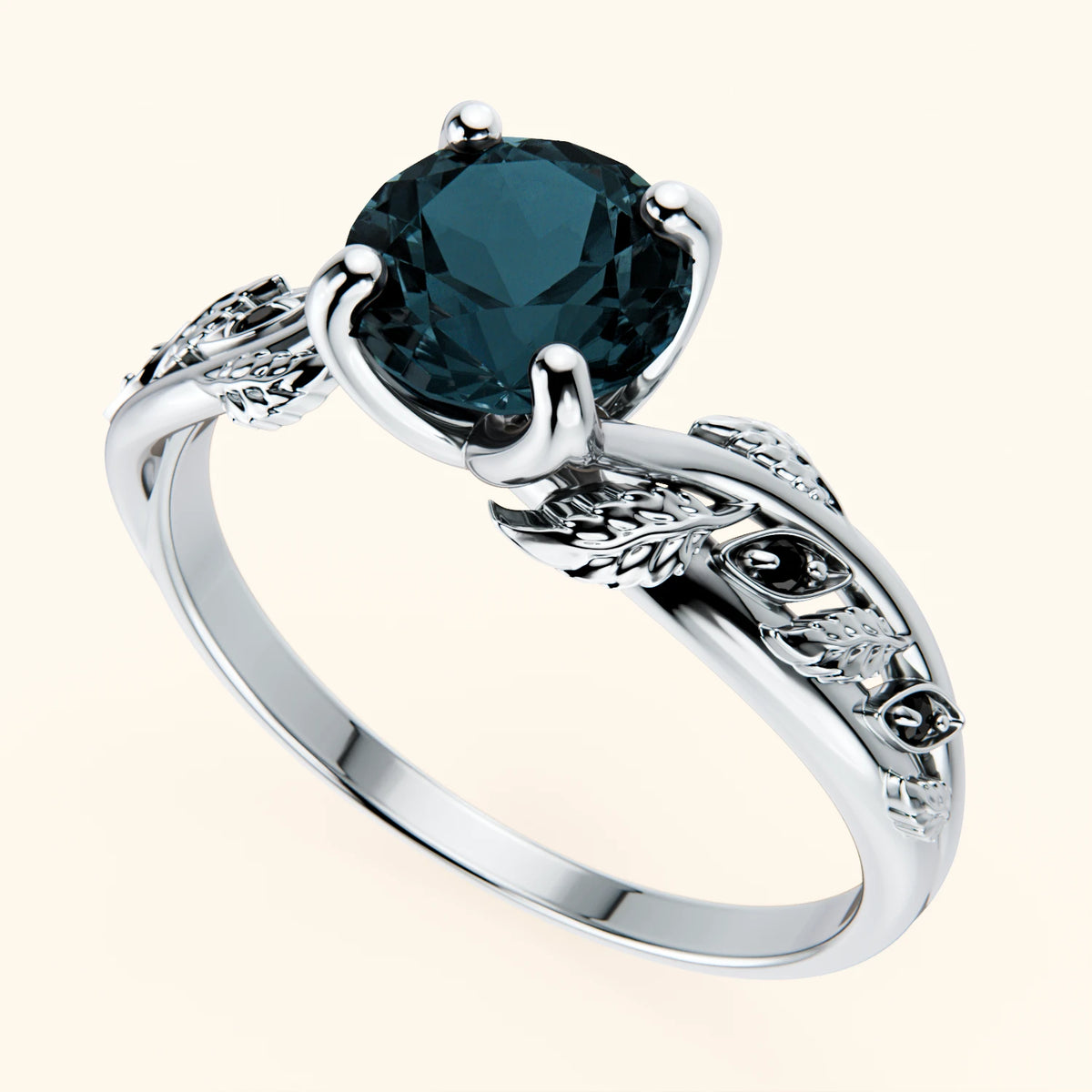 Pierścionek zaręczynowy Frêne – Topaz London Blue 0,85 ct, kamienie boczne: czarny diament