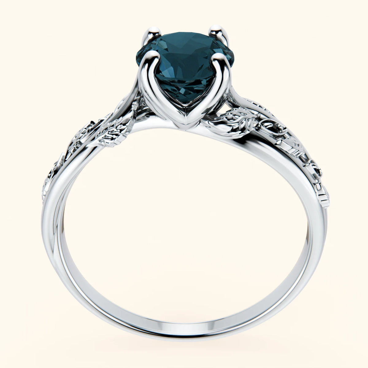 Pierścionek zaręczynowy Frêne – Topaz London Blue 0,85 ct, kamienie boczne: czarny diament