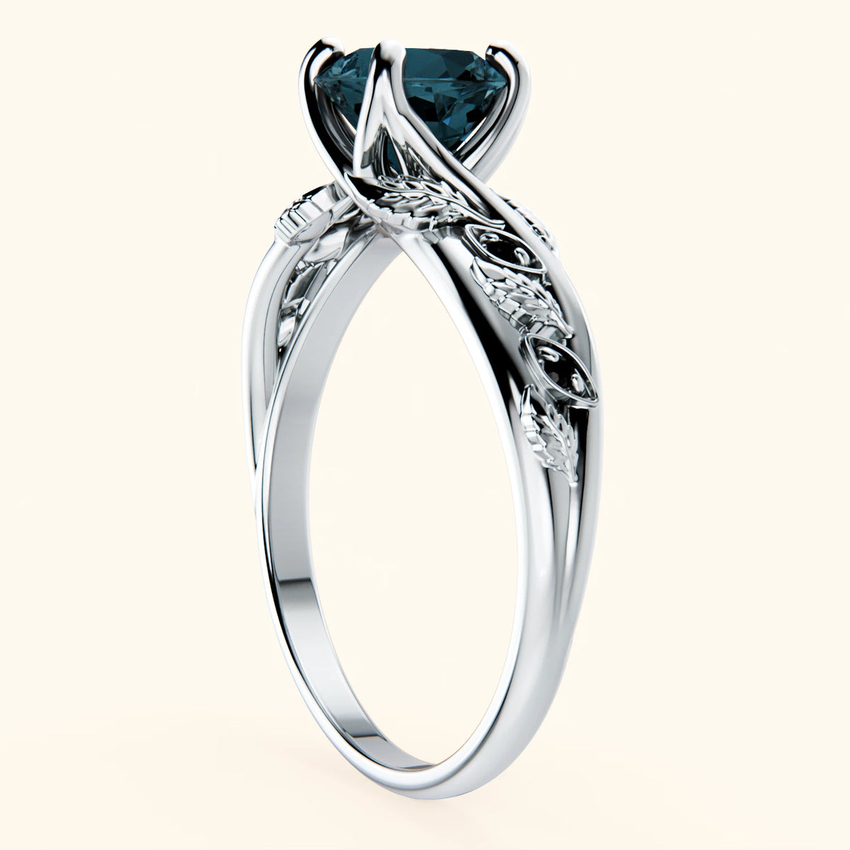 Pierścionek zaręczynowy Frêne – Topaz London Blue 0,85 ct, kamienie boczne: czarny diament