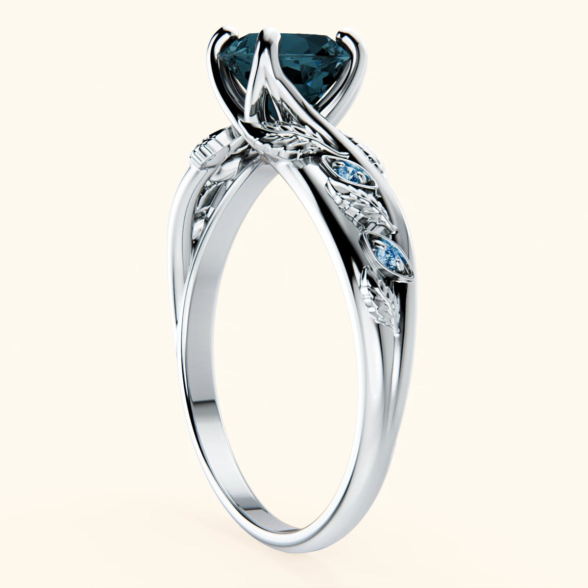 Engagement Ring Frêne - 0.85ct London Blue Topaz with Lab Blue Diamond Side Stones