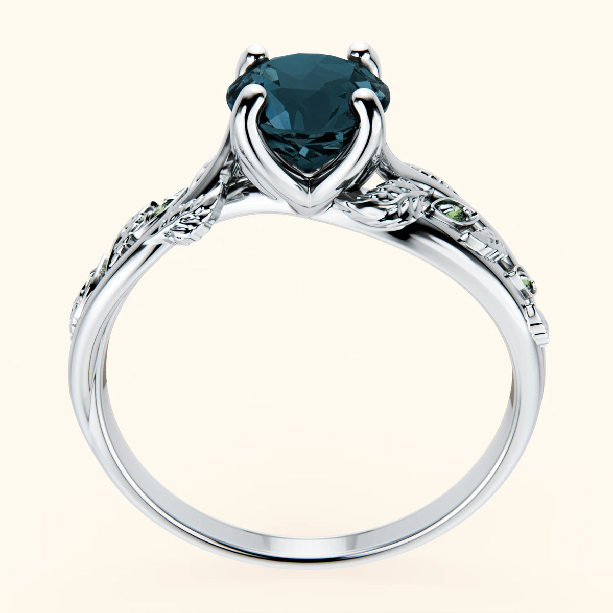 Pierścionek zaręczynowy Frêne – Topaz London Blue 0,85 ct, kamienie boczne: zielony diament laboratoryjny