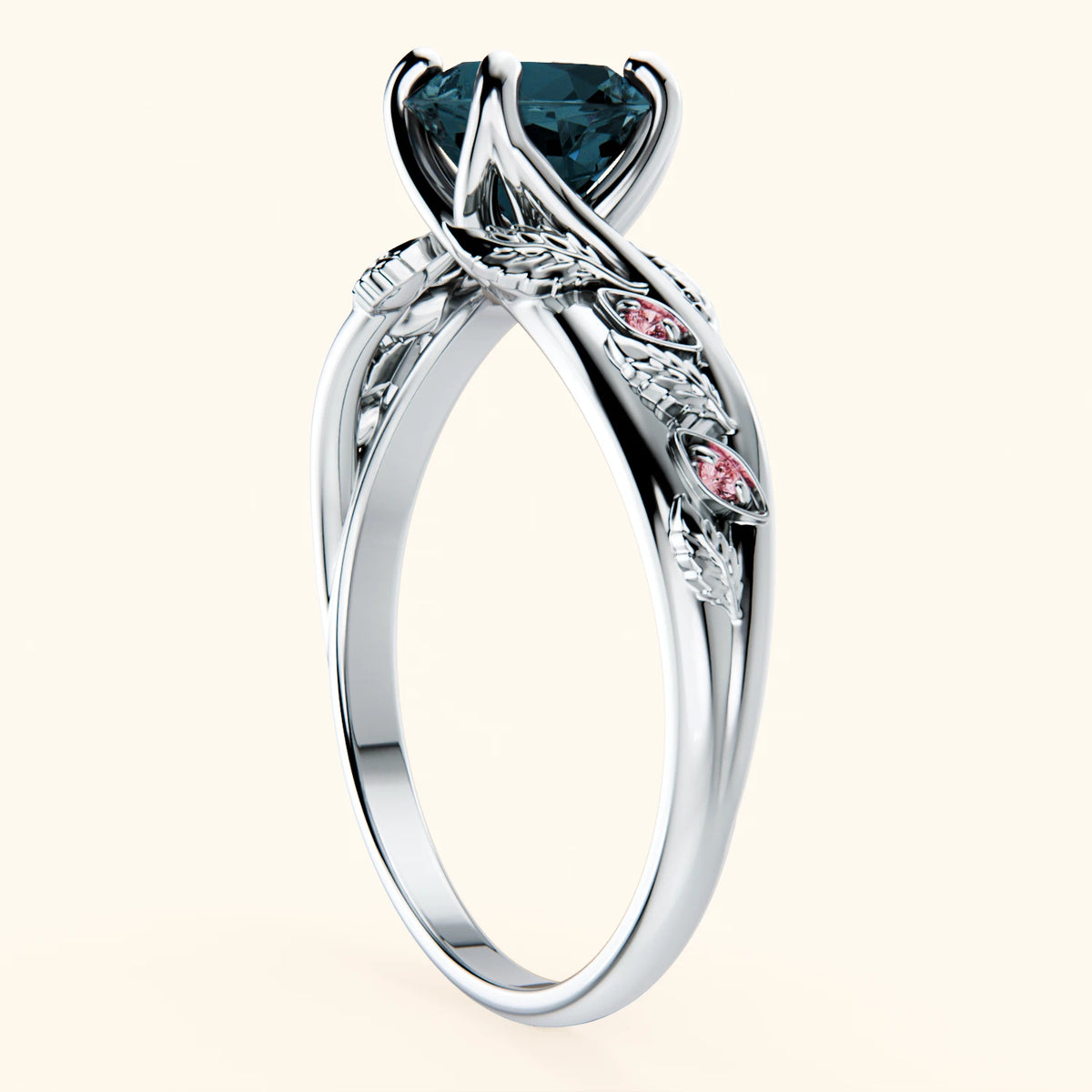 Pierścionek zaręczynowy Frêne – Topaz London Blue 0,85 ct, kamienie boczne: różowy diament laboratoryjny
