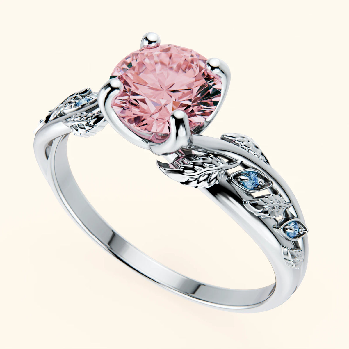 Engagement Ring Frêne - 1ct Lab Pink Diamond with Lab Blue Diamond Side Stones