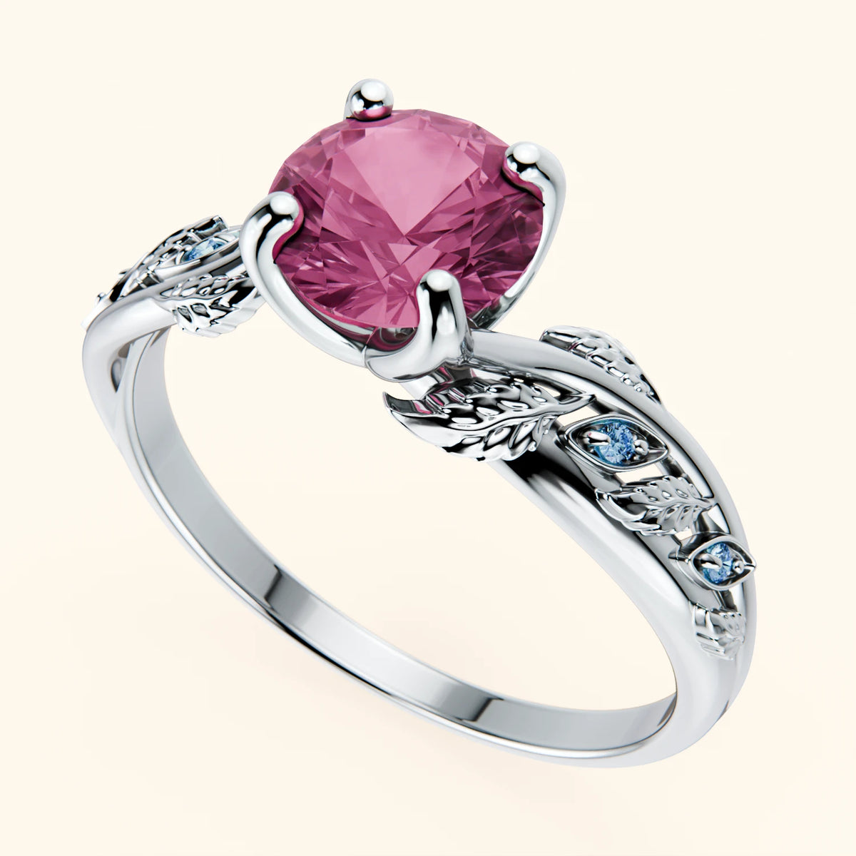 Engagement Ring Frêne - 1.10ct Lab Pink Sapphire with Lab Blue Diamond Side Stones