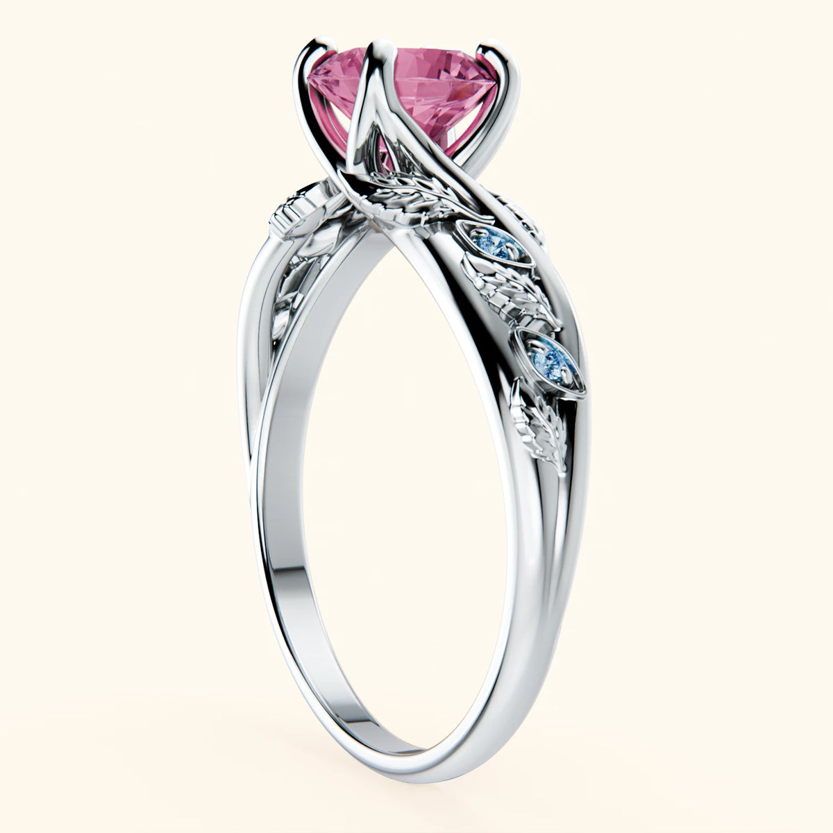 Engagement Ring Frêne - 1.10ct Lab Pink Sapphire with Lab Blue Diamond Side Stones