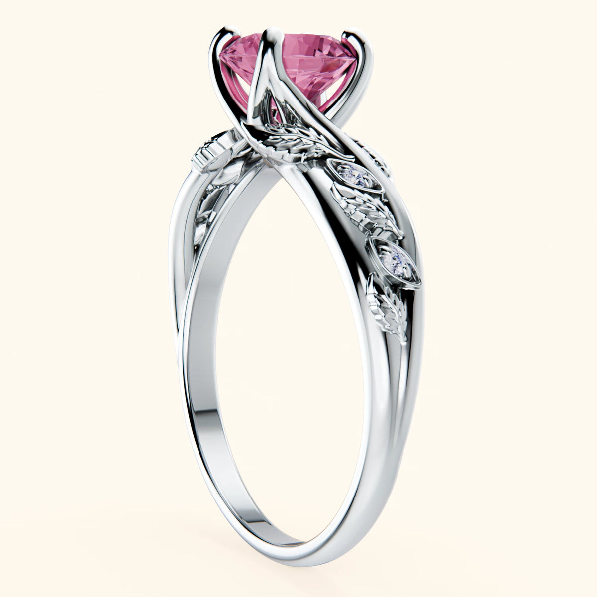 Engagement Ring Frêne - 1.10ct Lab Pink Sapphire with Natural Diamond Side Stones