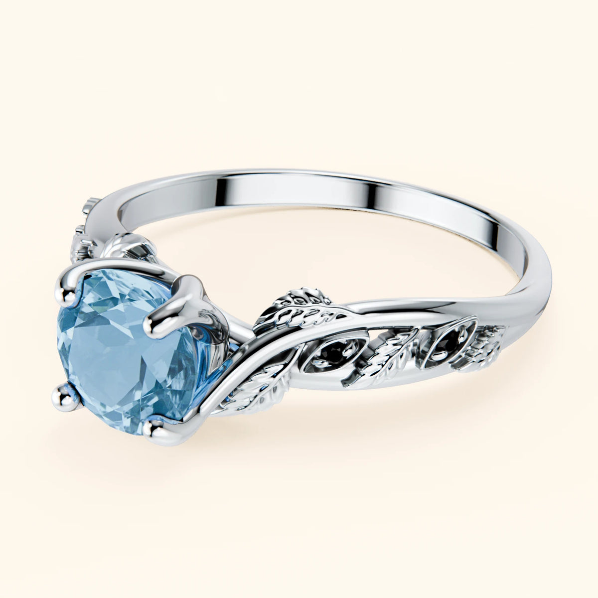 Engagement Ring Frêne - 0.85ct Swiss Blue Topaz with Black Diamond Side Stones