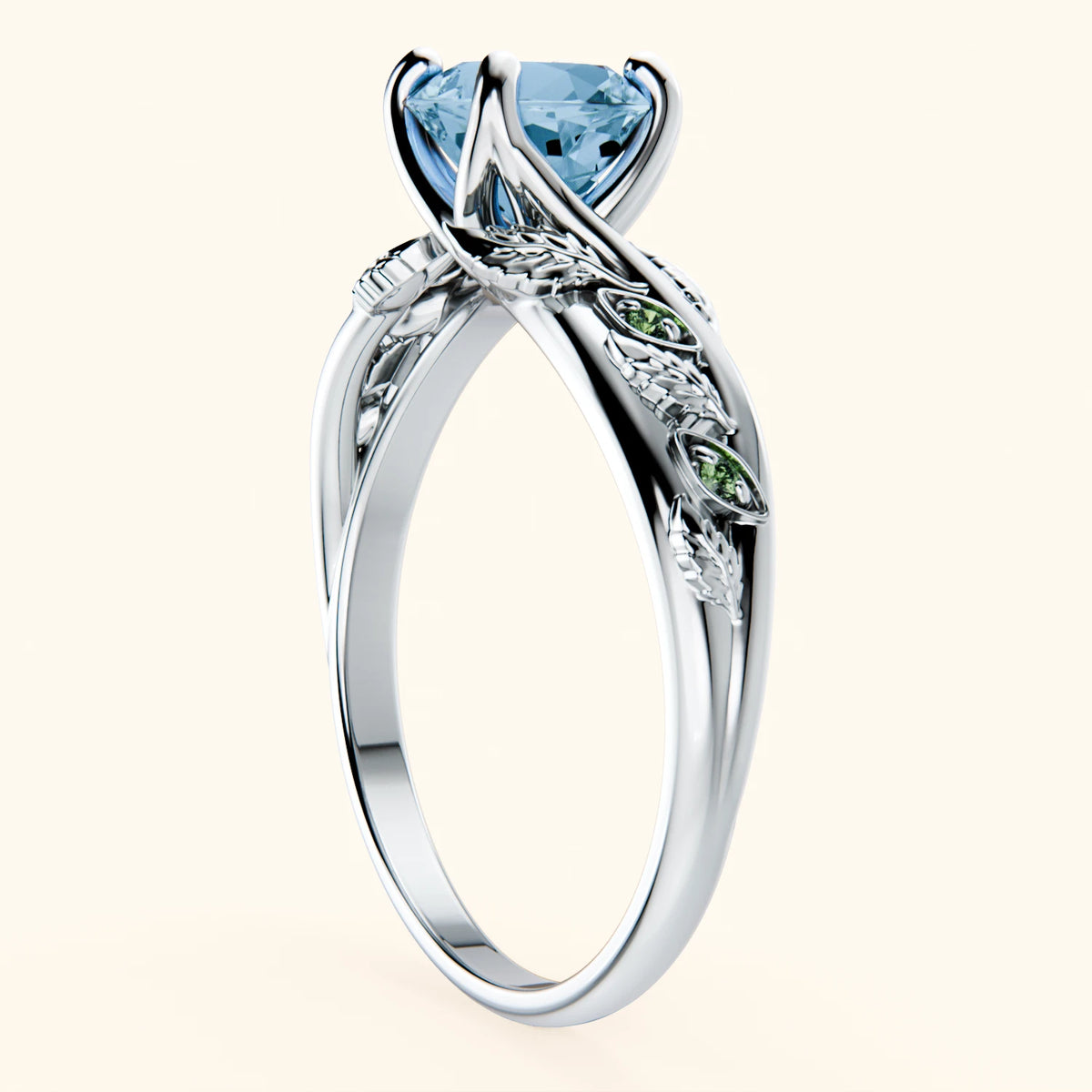 Engagement Ring Frêne - 0.85ct Swiss Blue Topaz with Lab Green Diamond Side Stones