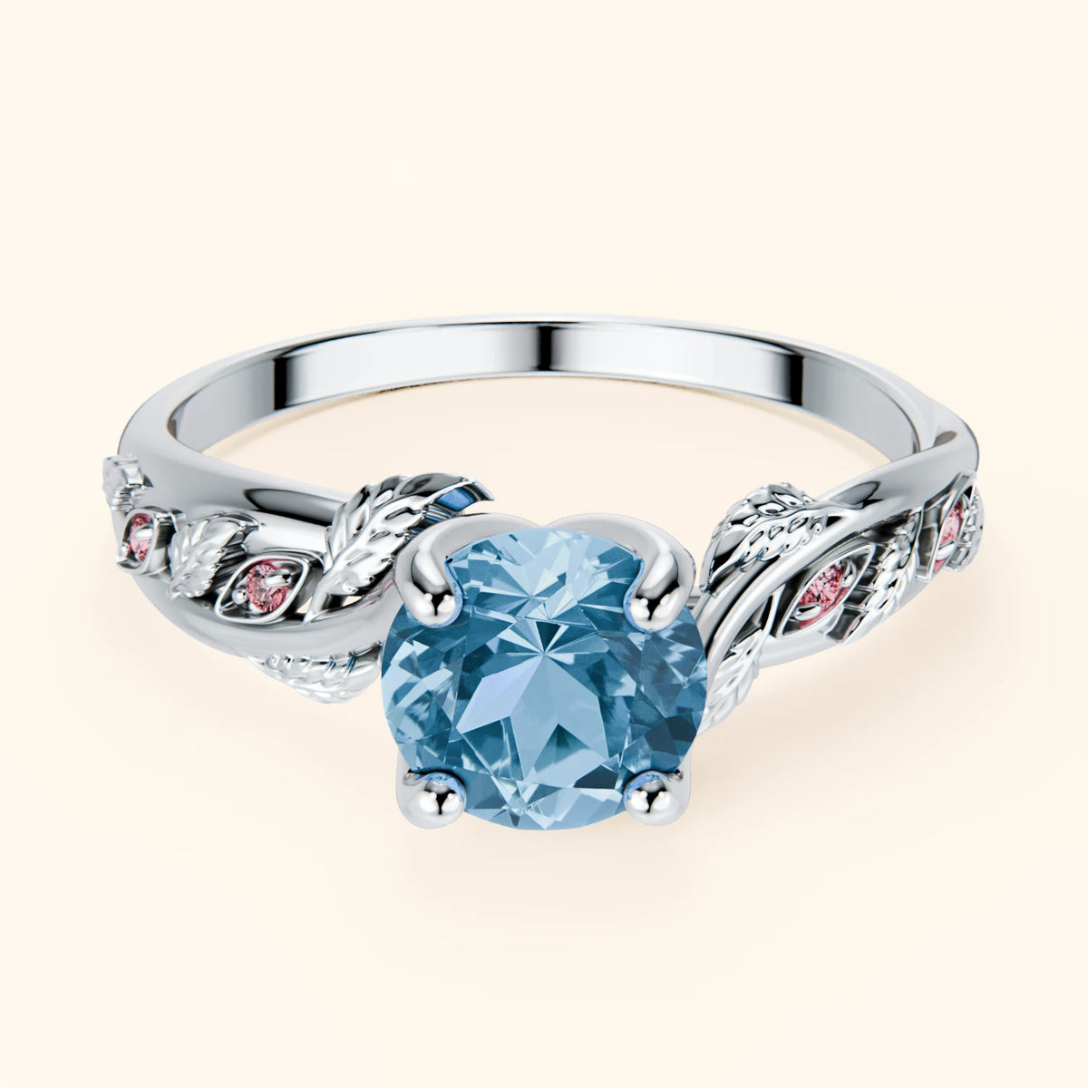 Engagement Ring Frêne - 0.85ct Swiss Blue Topaz with Lab Pink Diamond Side Stones