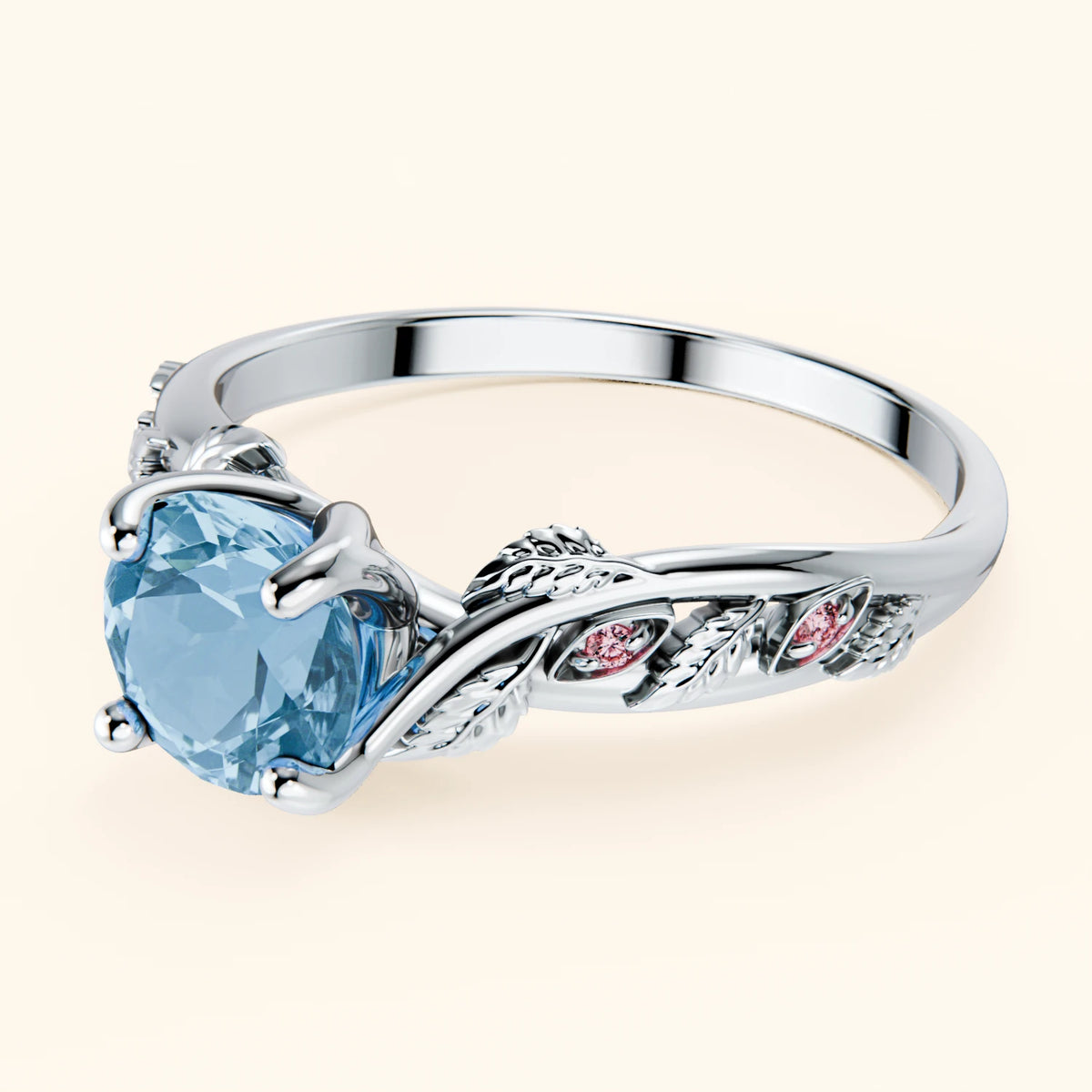 Engagement Ring Frêne - 0.85ct Swiss Blue Topaz with Lab Pink Diamond Side Stones