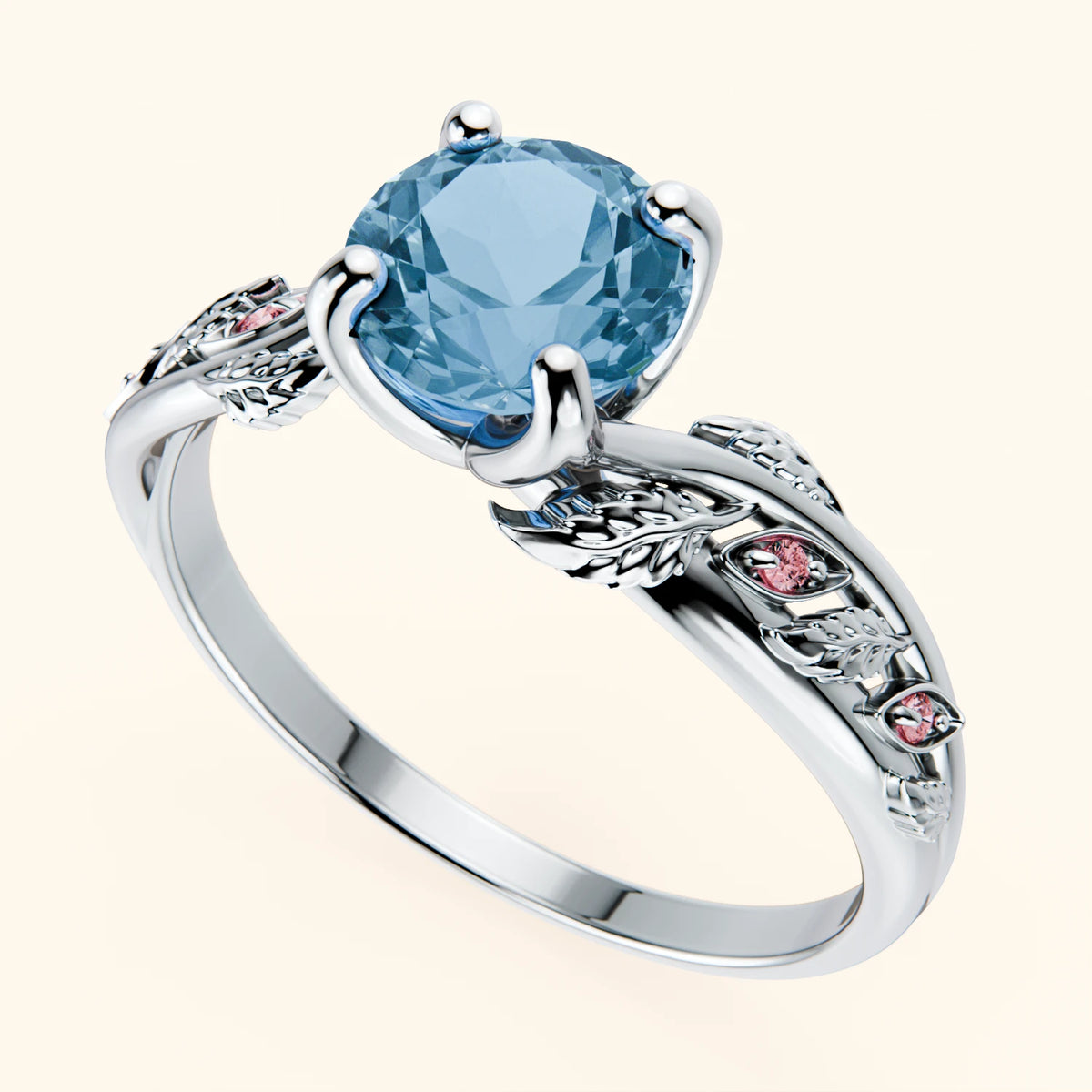 Engagement Ring Frêne - 0.85ct Swiss Blue Topaz with Lab Pink Diamond Side Stones