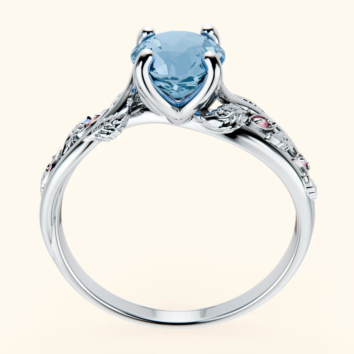 Engagement Ring Frêne - 0.85ct Swiss Blue Topaz with Lab Pink Diamond Side Stones