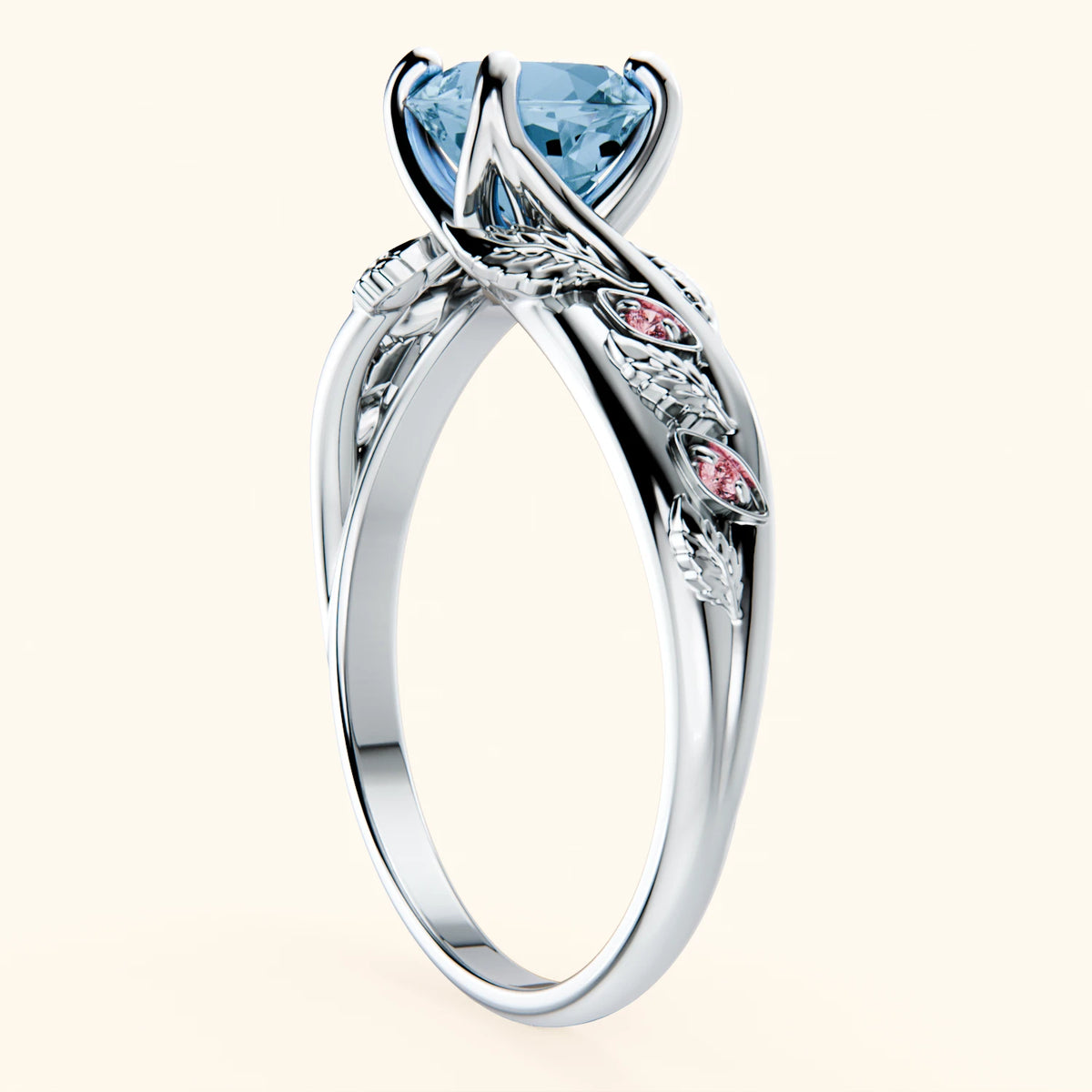 Engagement Ring Frêne - 0.85ct Swiss Blue Topaz with Lab Pink Diamond Side Stones