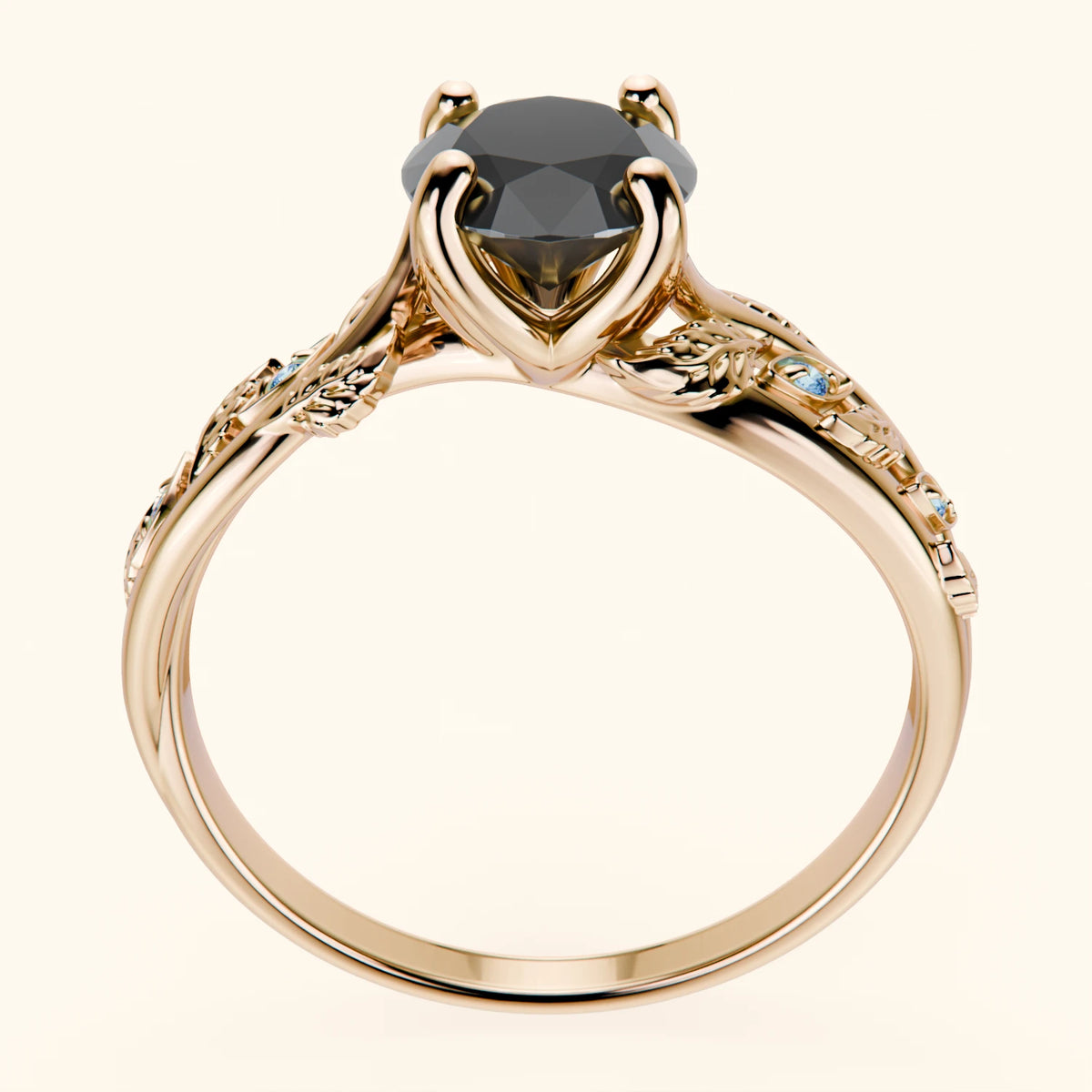 Engagement Ring Frêne - 1ct Black Diamond with Lab Blue Diamond Side Stones