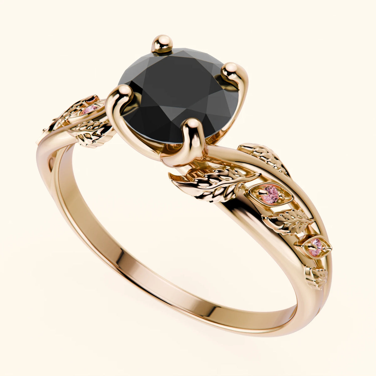Engagement Ring Frêne - 1ct Black Diamond with Lab Pink Diamond Side Stones