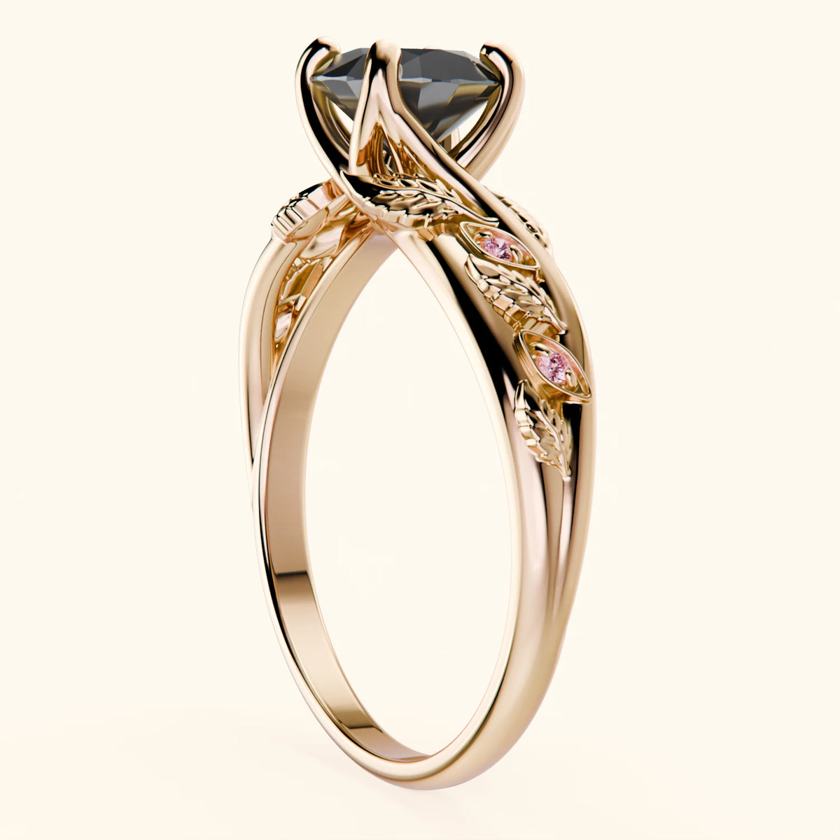 Engagement Ring Frêne - 1ct Black Diamond with Lab Pink Diamond Side Stones