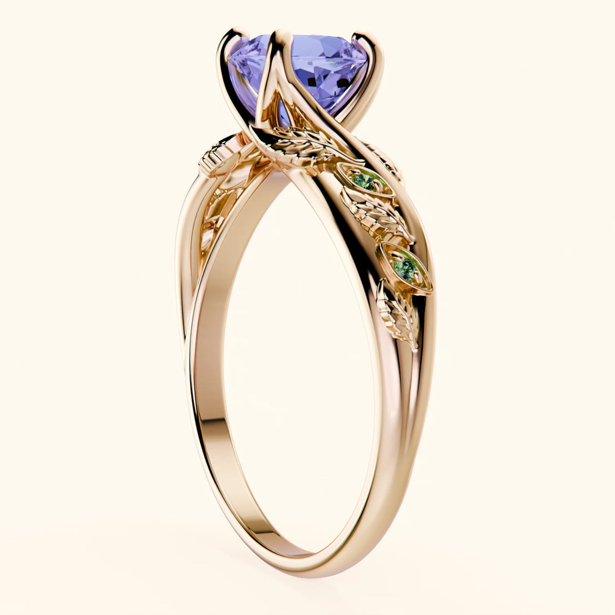 Engagement Ring Frêne - 0.80ct Tanzanite with Lab Green Diamond Side Stones