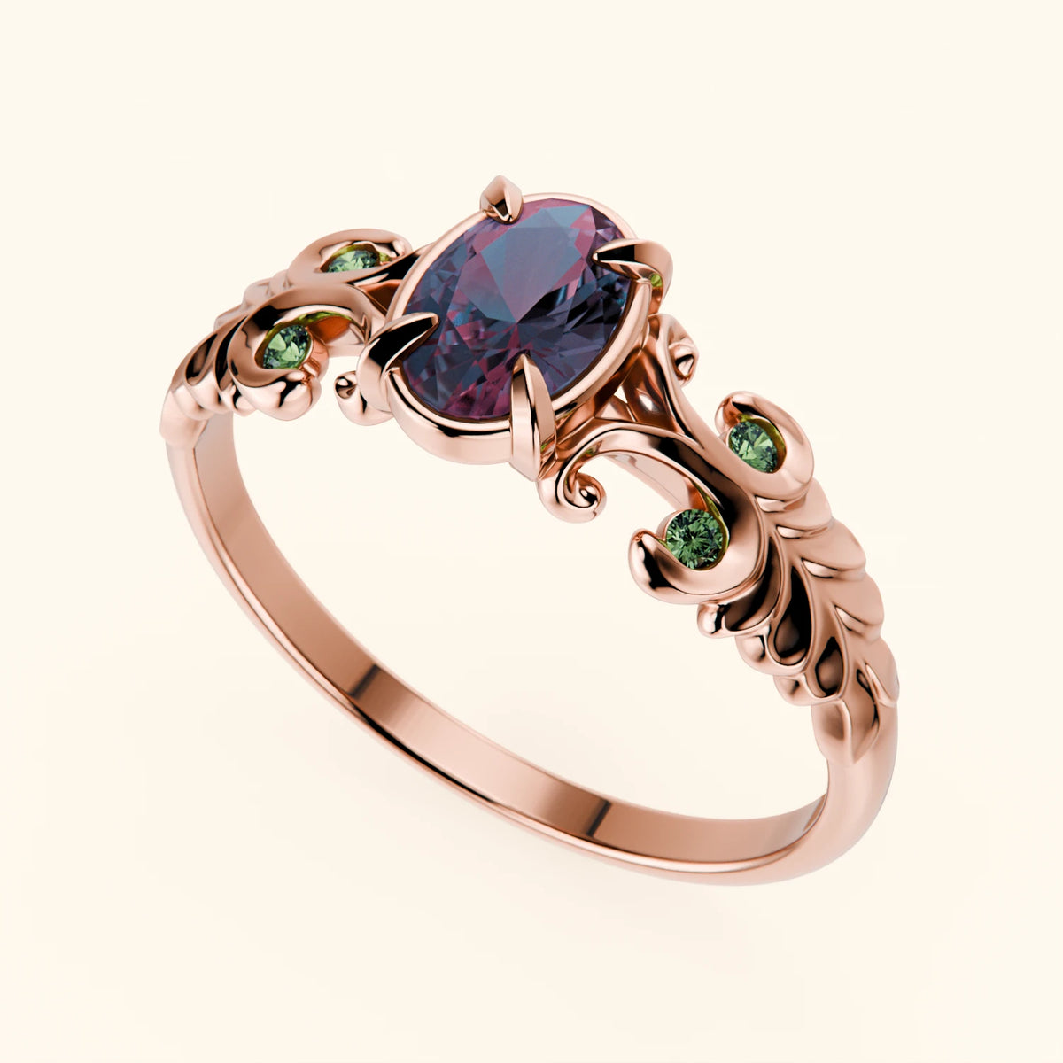 Engagement Ring Menuet - 0.55ct Lab Alexandrite with Lab Green Diamond Side Stones