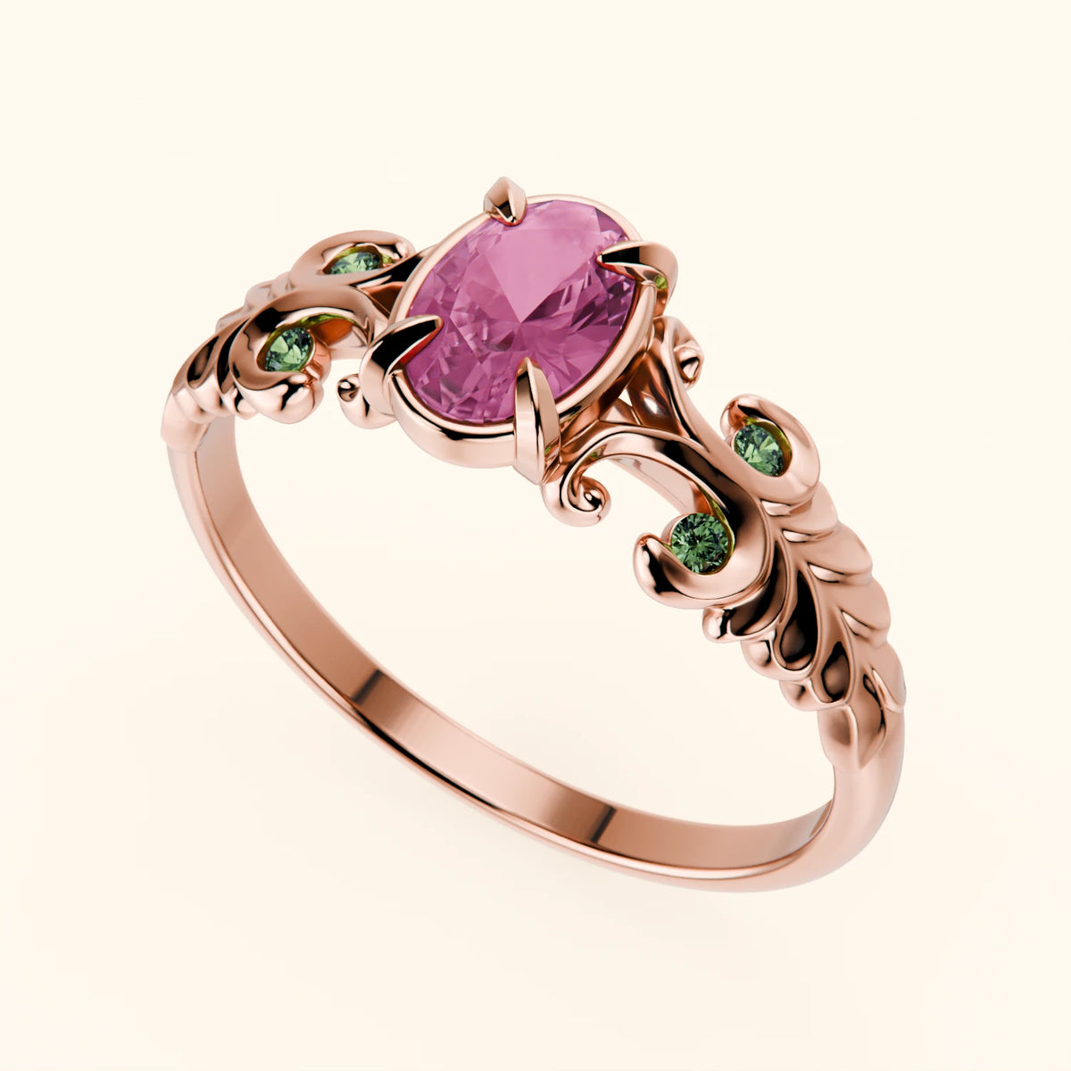 Engagement Ring Menuet - 0.60ct Natural Pink Sapphire with Lab Green Diamond Side Stones
