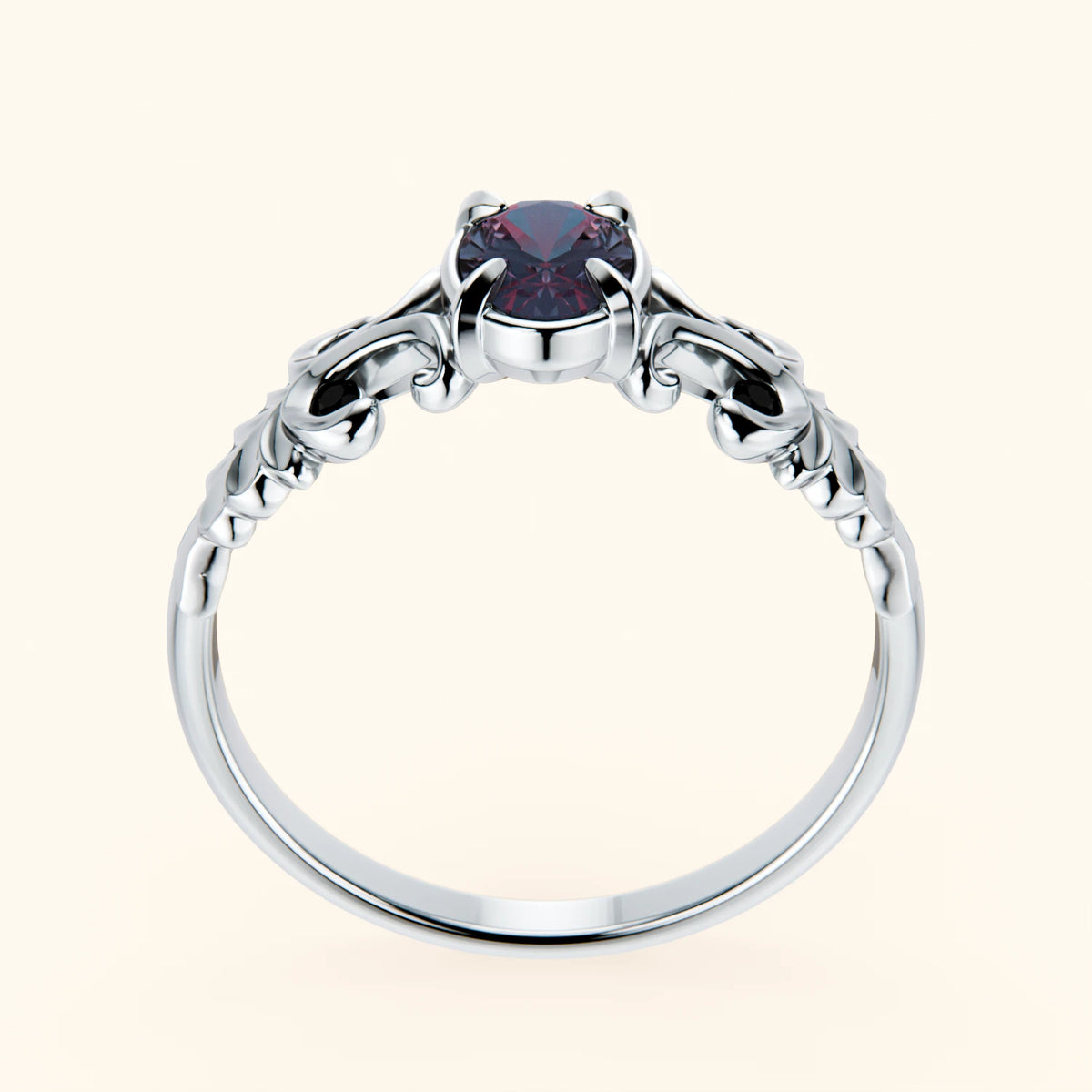 Pierścionek zaręczynowy Menuet – Aleksandryt laboratoryjny 0,55 ct, kamienie boczne: czarny diament