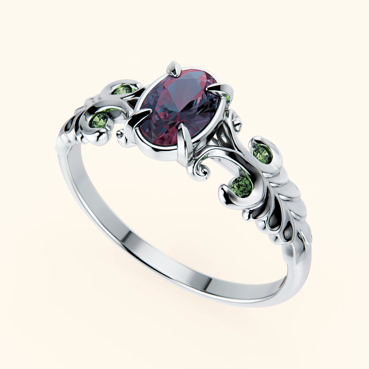 Engagement Ring Menuet - 0.55ct Lab Alexandrite with Lab Green Diamond Side Stones