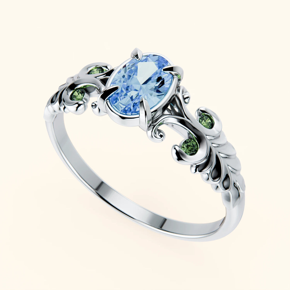 Pierścionek zaręczynowy Menuet – Niebieski diament laboratoryjny 0,4 ct, kamienie boczne: zielony diament laboratoryjny