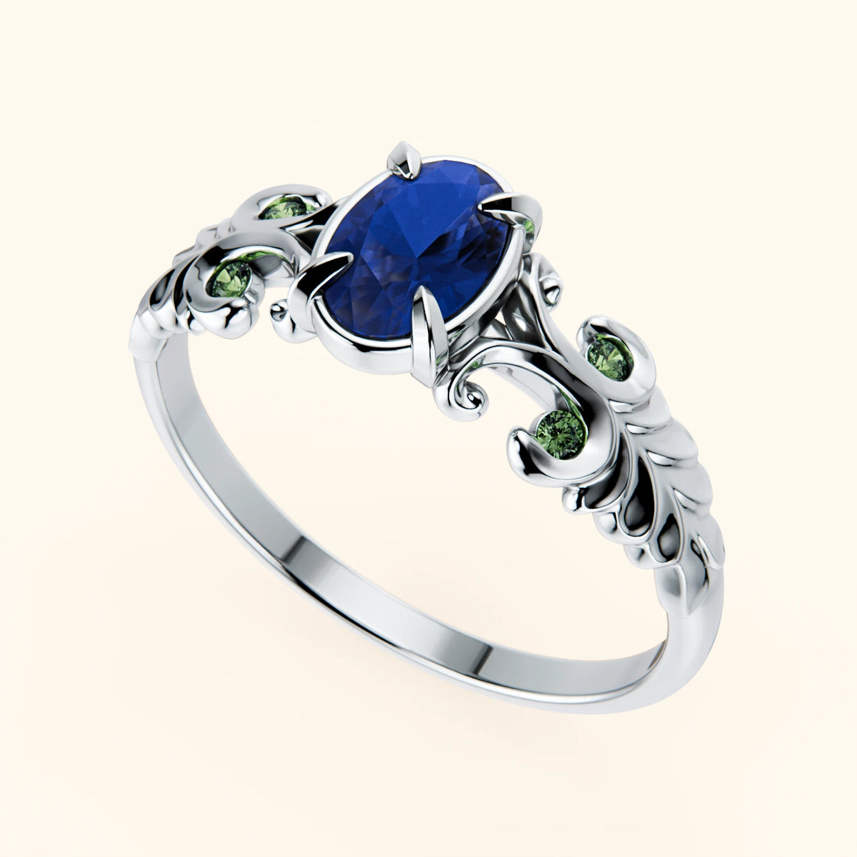 Engagement Ring Menuet - 0.60ct Lab Blue Sapphire with Lab Green Diamond Side Stones