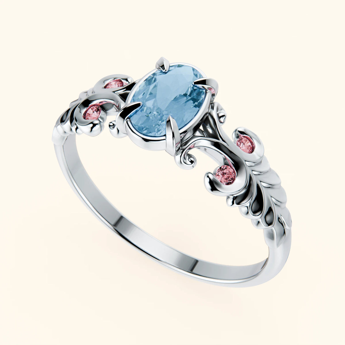Engagement Ring Menuet - 0.50ct Swiss Blue Topaz with Lab Pink Diamond Side Stones