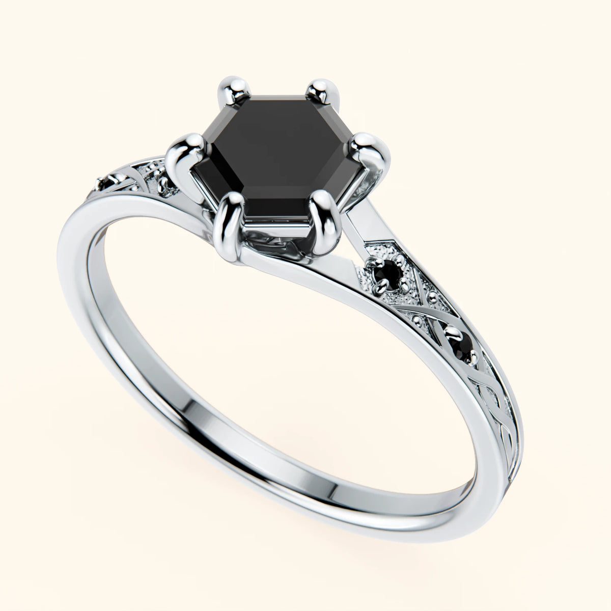 Pierścionek zaręczynowy Prisme – Czarny diament 0,9 ct, kamienie boczne: czarny diament
