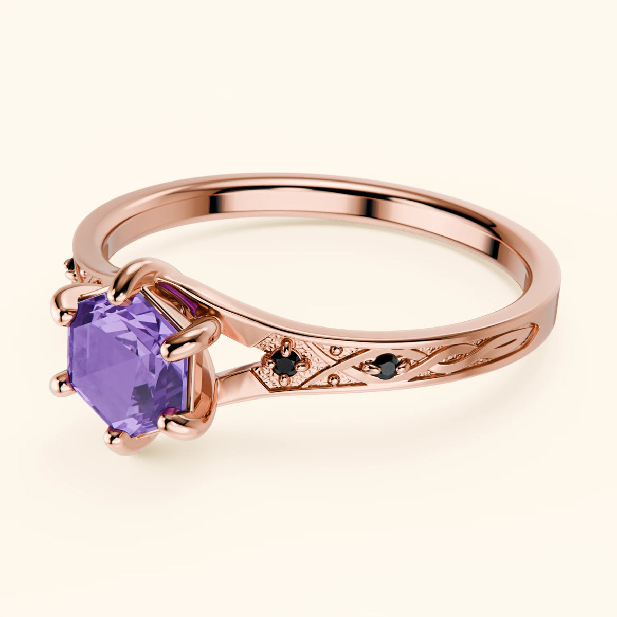 Engagement Ring Prisme - 0.55ct Amethyst with Black Diamond Side Stones