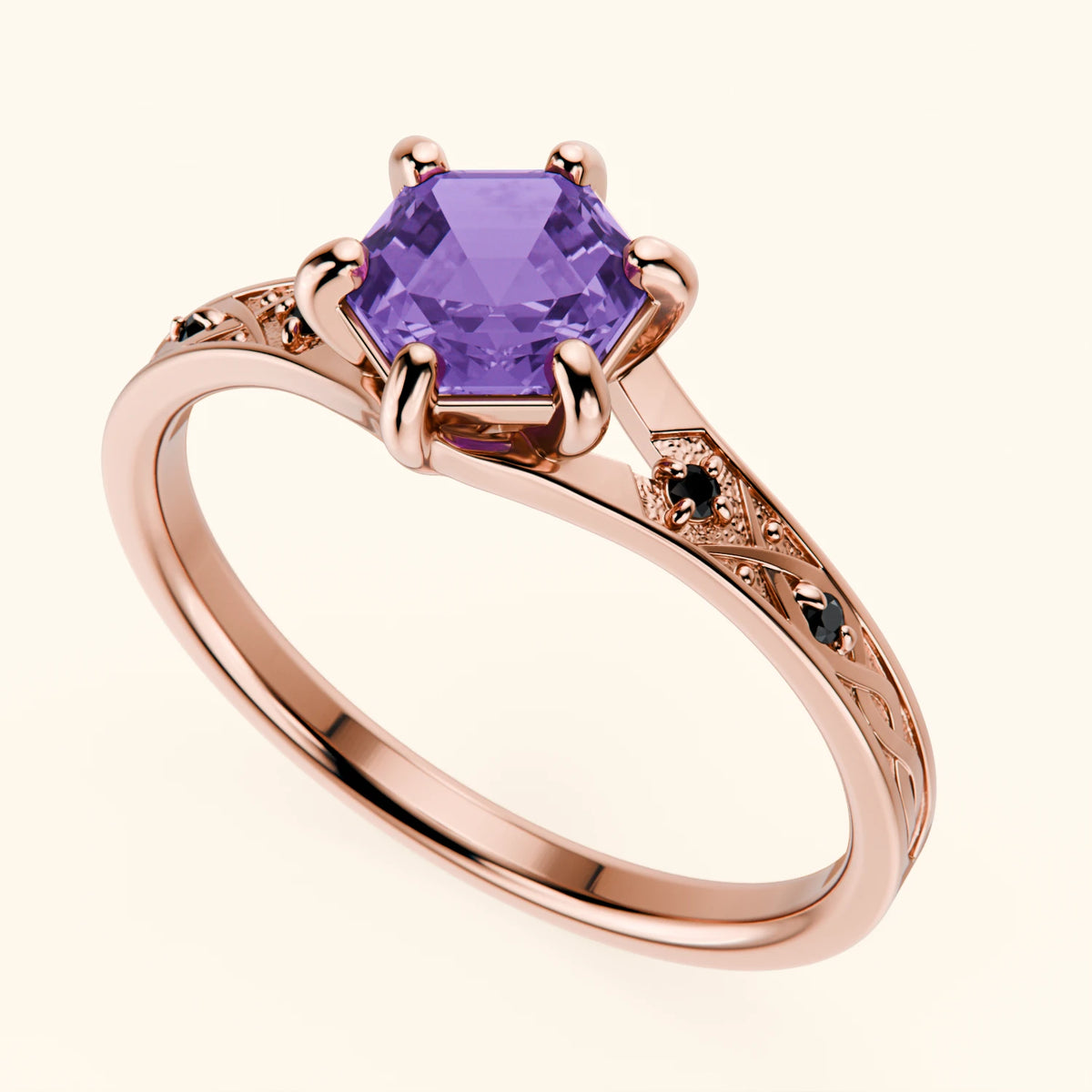 Engagement Ring Prisme - 0.55ct Amethyst with Black Diamond Side Stones