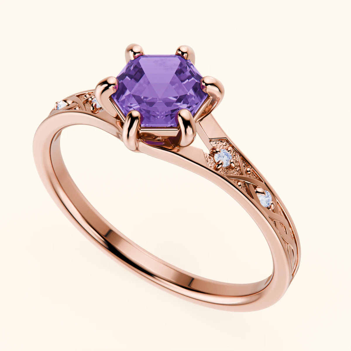 Engagement Ring Prisme - 0.55ct Amethyst with Natural Diamond Side Stones