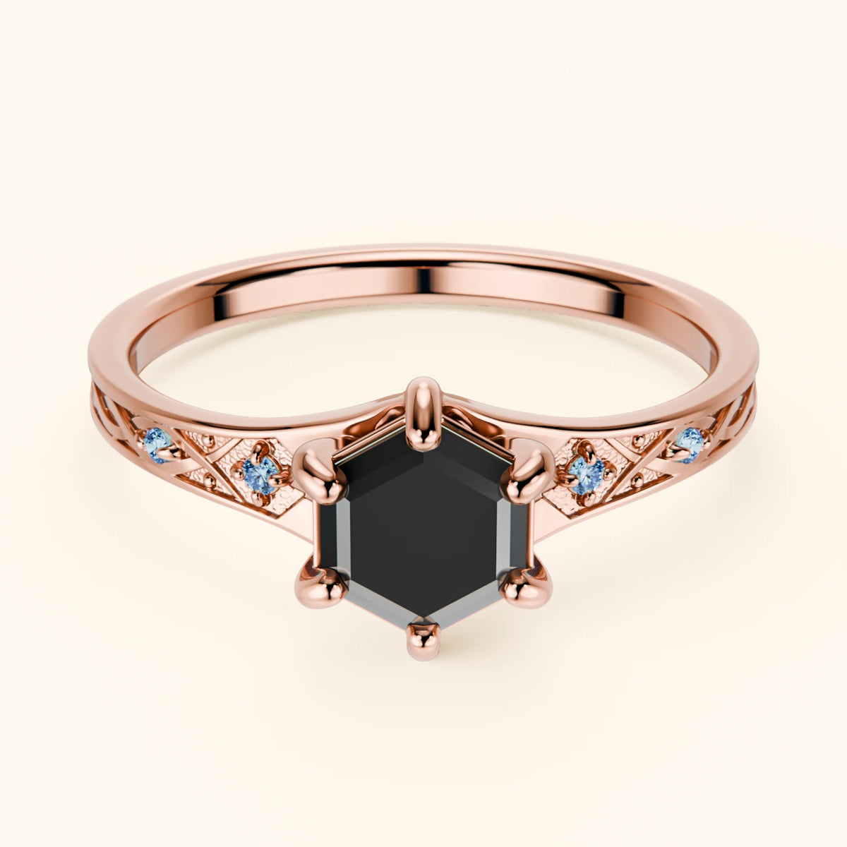 Engagement Ring Prisme - 0.9ct Black Diamond with Lab Blue Diamond Side Stones