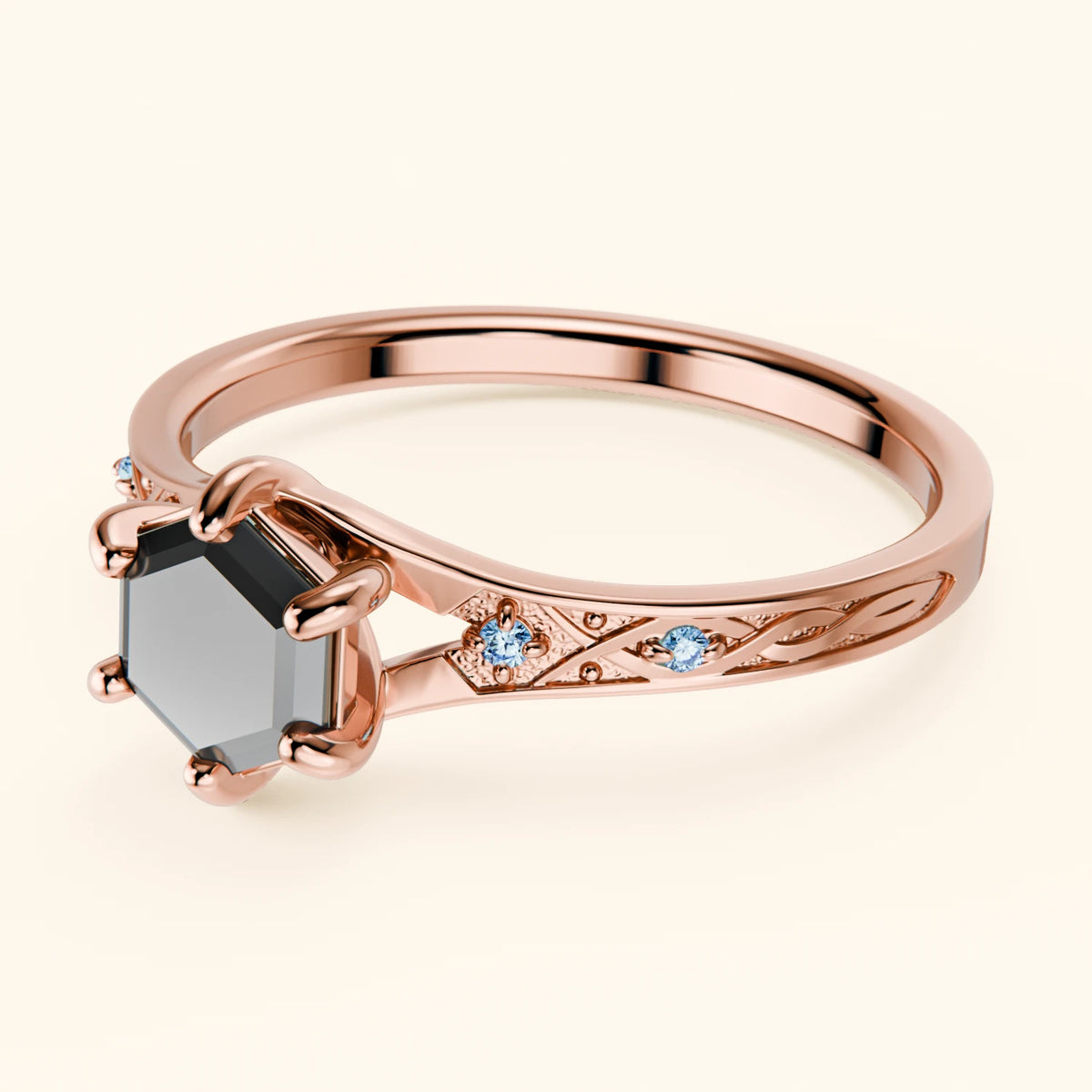 Engagement Ring Prisme - 0.9ct Black Diamond with Lab Blue Diamond Side Stones